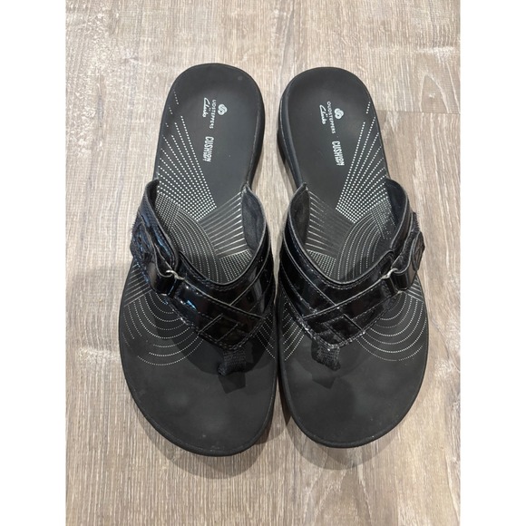 Clarks Udsteppers Cushion‎ Soft Thong Sandals Black Patent Comfort Size 9 - Picture 1 of 4